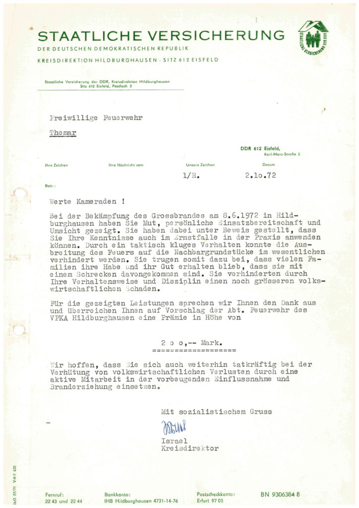Themar Feuerwehr staatliche Versicherungspraemie 1972