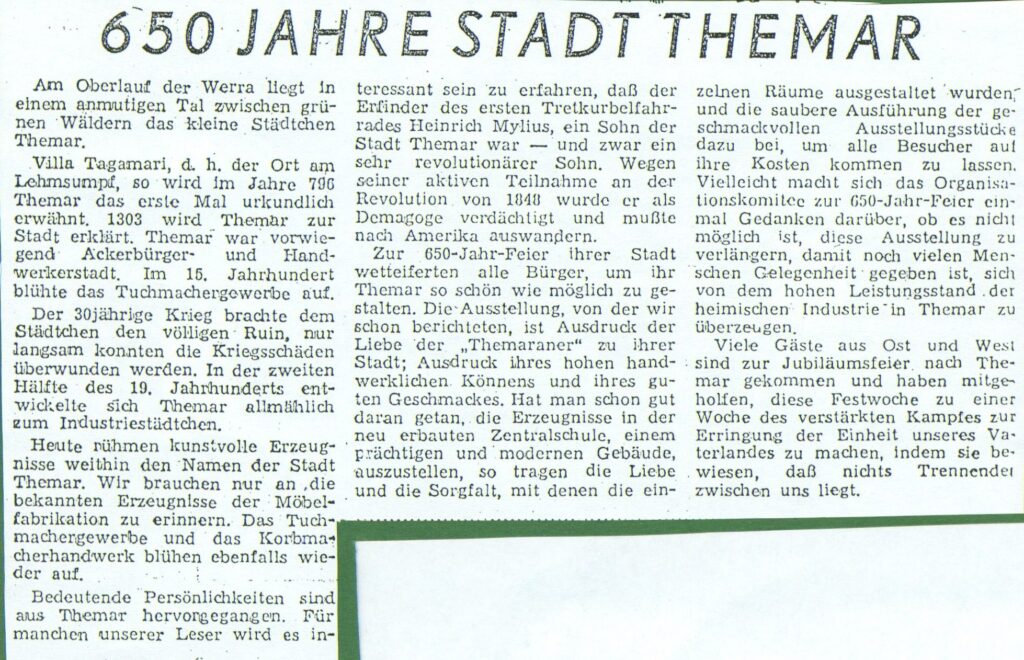 650 Jahre Themar - eine Zeitungsartikel aus dem Jahr 1953