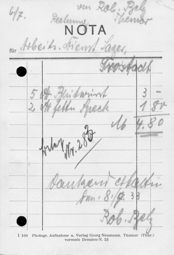Rechnung über Blutwurst und Speck RAD Trostadt